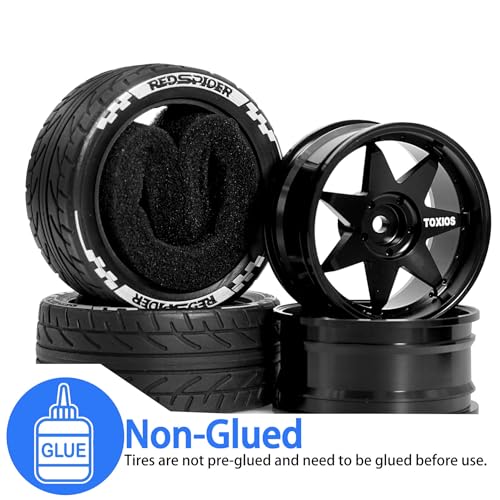 REDSPIDER 1/10 On Road Tires and Metal Wheels 12mm Hex RC Rally Racing Tyres OD 2.55" 4PCS for Tamiya TT01 TT02 XV01 TA06 A959 PTG2 HPI KYOSHO PTG2 Traxxas 1:10 Street Touring Drift Car (Black) - color: Black