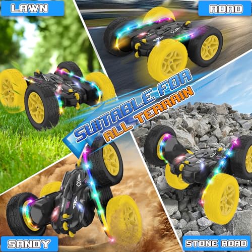 Jimdella Remote Control Car,RC Cars with Sides Light Strip and Headlights,Double Sided 360 Flips Rotating RC Stunt Car,2.4Ghz All Terrain Toys for Ages 4-8 Kids Toy for Boys Birthday Gift(Black)