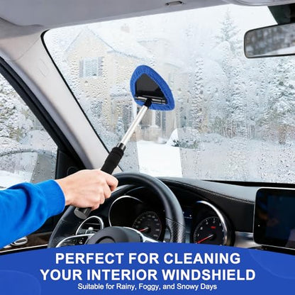 JUSTTOP Windshield Cleaner Tool, Car Interior&Exterior Window Cleaning Tool with Extendable Handle & 4 Reusable Microfiber Pads, Auto Glass Wiper Brush Kit for Cars (Blue) - color: Blue