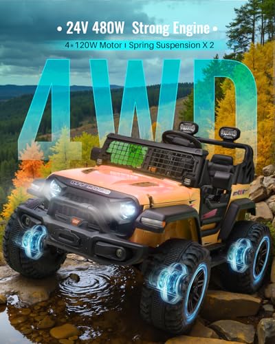 Blitzshark 24V MAX Ride-on Truck 2 Seater, 4WD Kids Electric Vehicle | XXL Battery Powered Car, with 480W Ultra Powerful Motor, 7AH Battery, Remote Control, Full-Metal Suspension& Sticker, Golden - color: Golden