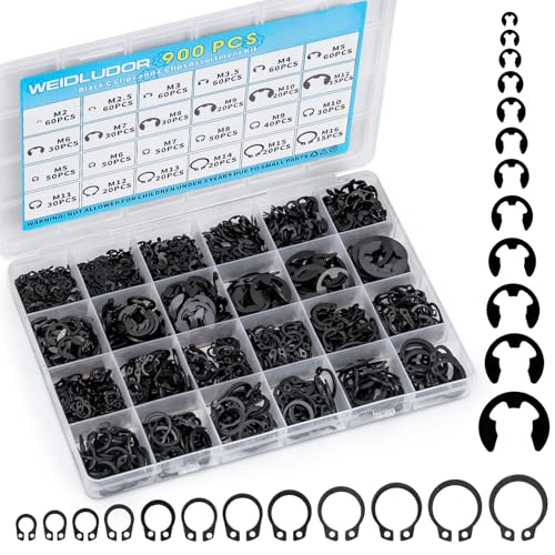 900PCS Carbon Steel Retaining Rings Set - 24 Sizes C Clips & E Clips Assortment Kit for Auto Parts Repair, Machinery Maintenance and Industrial Equipment