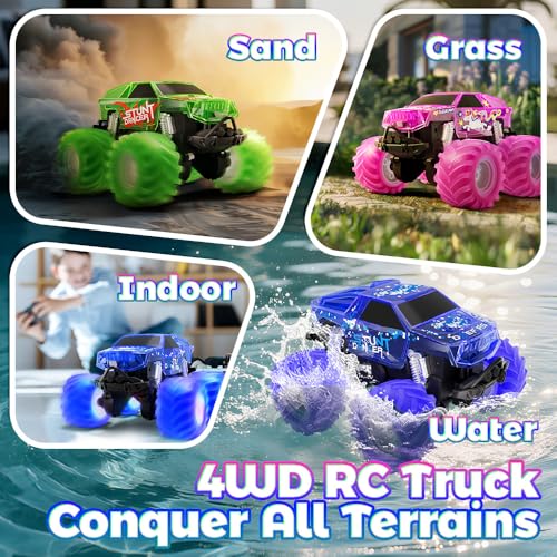 Drefirsa Waterproof Remote Control Monster Truck, Remote Control Car Toy | Amphibious, 4WD All Terrain RC Truck with Colorful Light, RC Stunt Car Toy for 6 7 8 9 10 11 12 Year Old Boy Birthday Gift - color: Blue