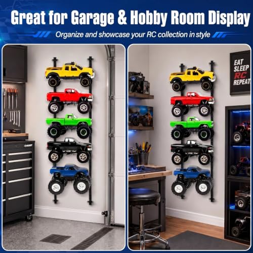 AceOrbit RC Car Stand Wall Mount 5 Layer Adjustable RC Car Racks Storage Display with Screws Crawler Trucks Workstation Model Shelf Wall Hanger for 1/6, 1/10, 1/12, 1/18, 1/24, 1/32 Scale Cars Trucks