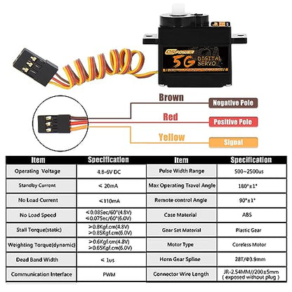 2PCS 5G Mini Digital Servo, Plastic Gear Micro RC Servos Motor Kit for 1/28 RC Car Model Boat Fixed-Wing Helicopter Airplane Robot Toy (2PCS)