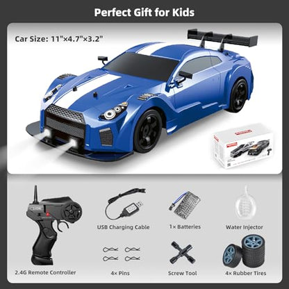 RC Drift Car, Drifting RC Car 1/16 2.4GHz 4WD Remote Control Cars, Rechargeable Drifting Cars 18KM/H+ High Speed RC Racing Vehicle with Spray Cool Lights Toy Car for Kids Boys - color: Blue