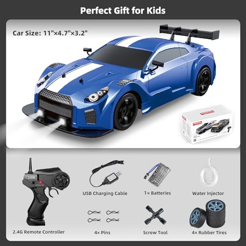 RC Drift Car, Drifting RC Car 1/16 2.4GHz 4WD Remote Control Cars, Rechargeable Drifting Cars 18KM/H+ High Speed RC Racing Vehicle with Spray Cool Lights Toy Car for Kids Boys - color: Blue