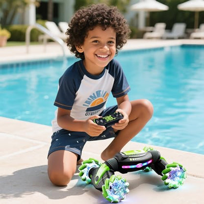 Contixo Kids Large Remote Control Car with Gesture Sensor, 4WD 360° Spins, Music, Lights & Spray, Side Drifts, Double-Sided Driving Off-Road Stunt Car Vehicle Birthday Gift for Boys Ages 5,6,7, Green - color: Green