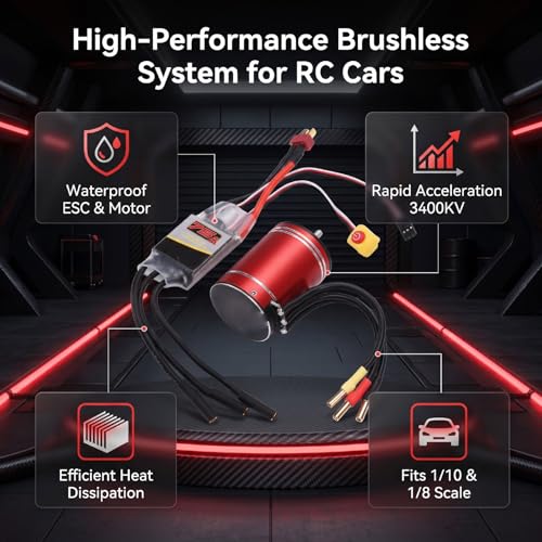 Asixxsix 3650 3400KV Brushless Motor 75A ESC Combo for 1/10, 1/8 | High Speed Water proof Motor, CNC Machined 6061 T6 Aluminum, for Remote Control Cars Trucks Off-Road Vehicle