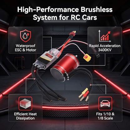 Asixxsix 3650 3400KV Brushless Motor 75A ESC Combo for 1/10, 1/8 | High Speed Water proof Motor, CNC Machined 6061 T6 Aluminum, for Remote Control Cars Trucks Off-Road Vehicle