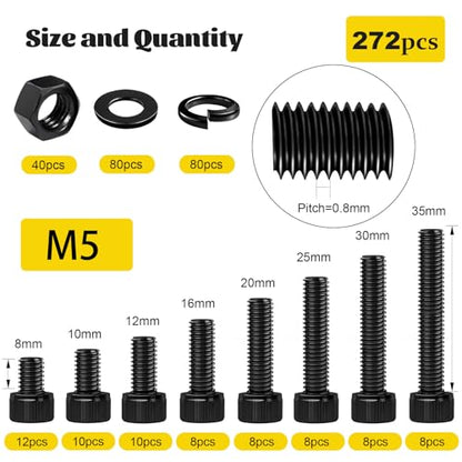 272PCS M5 Screws, Nuts and Washers Assortment kit, M5x8/10/12/16/20/25/30/35 mm Hex Socket Head Cap Bolts Assorted Set - 12.9 Alloy Steel, Black Zinc Plated Anti-Rust - size: M5 272pcs