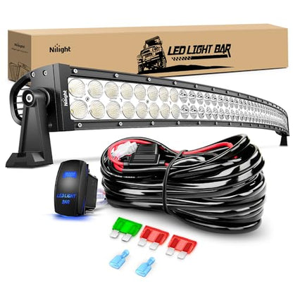 Nilight 52Inch 300W Curved Spot Flood Combo Led Light Bar Off Road Driving Boat Fog Lights 12V On/Off 5 Pin Rocker Switch Power 12AWG Wiring Harness Kit-1 Lead for Trucks - size: 52Inch 300W Light Bar +Wiring Harness