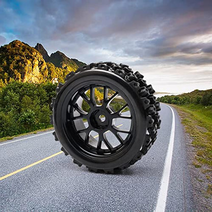 4 Pcs Black 1:10 Scale RC Tires Wheel Rims | Split-type Tires, ABS Wheels + Rubber Tires, 12mm Hex, Raised Tread Pattern, Shock Absorption, Anti-Slip, Strong Grip