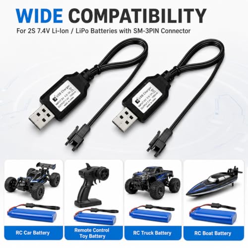 7.4V SM-3PIN RC Car Charger for Li-Ion Battery | Fast Charging & Overcharge Protection | Compatible with Remote Control Toys Battery, Universal Charger for 2S 7.4V LiPo/Li-Ion Batteries (2Pack)
