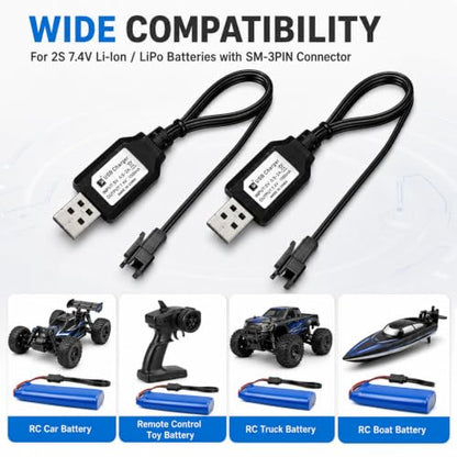 7.4V SM-3PIN RC Car Charger for Li-Ion Battery | Fast Charging & Overcharge Protection | Compatible with Remote Control Toys Battery, Universal Charger for 2S 7.4V LiPo/Li-Ion Batteries (2Pack)