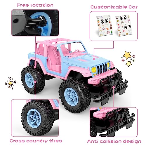 NQD Remote Control Car for Kids 1:16 Scale 80 Min Play 2.4Ghz Off Road RC Trucks with Stickers Toy Car Gift for Girls 3 4 5 6 Year Old - color: Pink and Blue