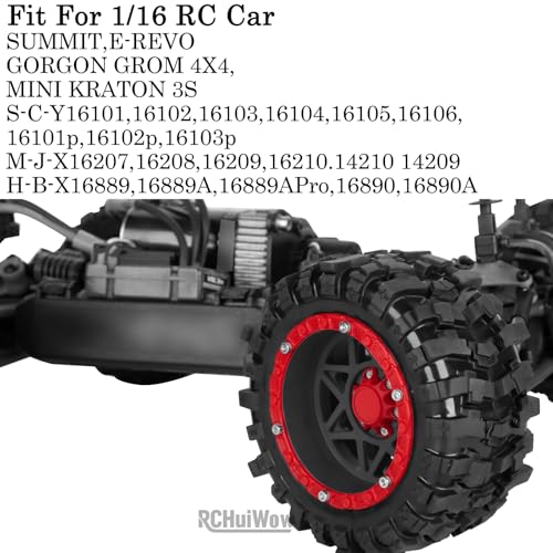 1/16 RC Wheels and Tires 4PCS, RCHuiWow 12mm Hex Plastic Rim Tires Set for 1/16 M-J-X16207-210,H-B-X16889-890,S-C-Y16101-106,Summit E-Revo Gorgon Grom,Mini Kraton 3S RC Truck Upgrades,Black&Red - color: Black&red(4pcs)