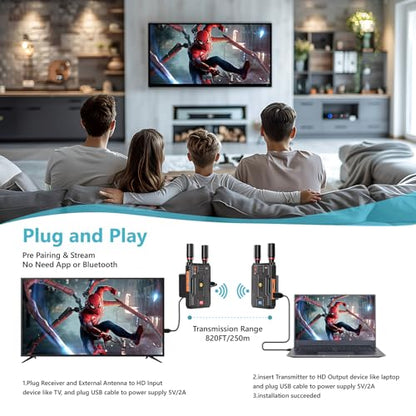 Wireless HDMI Transmitter and Receiver 4K: Plug&Play HDMI Wireless Extender Kit, 5G 820FT Sender and Receiver with Loopout for Streaming Video and Audio to Monitor from Laptop/PC, Audio Interface - style: 4K Transmitter and Receiver