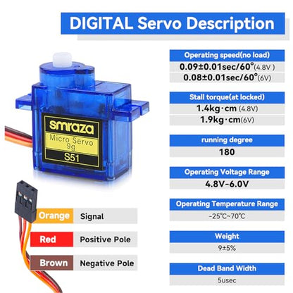 Smraza 10 Pcs SG90 9G Micro Servo Motor Kit (Metal Gear) for Arduino Projects, RC Robot, Robot Arm, Helicopter, Airplane, Car and Boat Control, Mini Servo Applications - size: 10