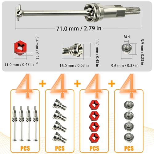 Hardened Steel CVD Drive Shafts Set with Adapters, Nuts, Center Drive Cups, Front Rear Dogbone Driveshaft Axles Upgrades Part for 1/16 Mojave Grom ARA2304, ARA2304S, ARA2104 (Silver,Red) - color: Silver-red