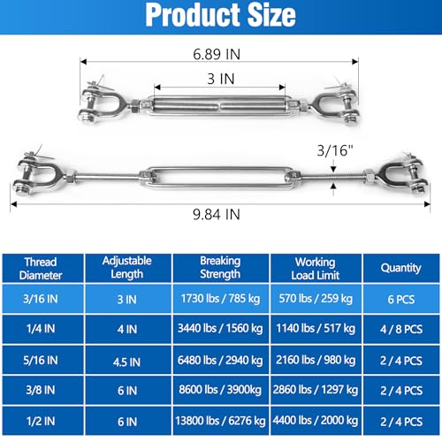 6 PCS M5 Turnbuckle 3/16" 304 Stainless Steel Jaw and Jaw Turnbuckle Tensioner, Heavy Duty Cable Tensioner, 570 LBS Working Load Limit, Adjustable Turnbuckles for Cables Wire, Clotheslines, Shade Sail - size: 3/16"-6 Pack