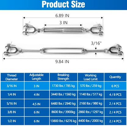 6 PCS M5 Turnbuckle 3/16" 304 Stainless Steel Jaw and Jaw Turnbuckle Tensioner, Heavy Duty Cable Tensioner, 570 LBS Working Load Limit, Adjustable Turnbuckles for Cables Wire, Clotheslines, Shade Sail - size: 3/16"-6 Pack