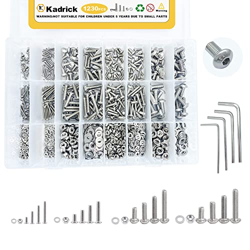KADRICK 1230PCS Metric Screw Aassortment Kit,Stainless Steel M2-M5 Bolts | M2 M3 M4 M5 304 Stainless Steel,Length From 4MM-20MM,Hex Socket Button Head Screws Nuts Washers Kit with Hex Wrench - size: SS M2-M5 1230Pcs
