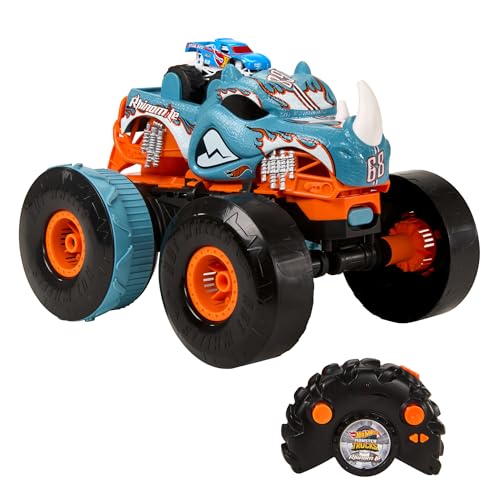 Hot Wheels Monster Trucks RC Toy, Remote-Control Transforming Rhinomite in 1:12 Scale & 1:64 Scale Race Ace, Converts into Launcher, Connects to Track - style: Rhinomite