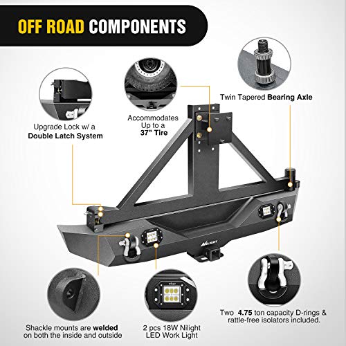 Nilight Rear Bumper & Spare Tire Rack & Hitch Receiver w/2 LED Lights Compatible for 2007-2018 Jeep Wrangler JK for 2007-2018 Jeep Wrangler JK & Unlimited - color: Rear Bumper & Spare Tire Rack