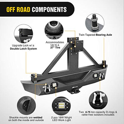 Nilight Rear Bumper & Spare Tire Rack & Hitch Receiver w/2 LED Lights Compatible for 2007-2018 Jeep Wrangler JK for 2007-2018 Jeep Wrangler JK & Unlimited - color: Rear Bumper & Spare Tire Rack