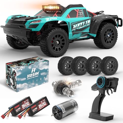 Hosim Brushless Fast RC Cars for Adults Max 50mph, 1/14 RTR 3S Electric Power 4x4 RC Truck All Terrain Off Road RC Car, Waterproof High Speed Hobby RC Remote Control Monster Trucks for Snow/Sand/Beach - color: Greenblue