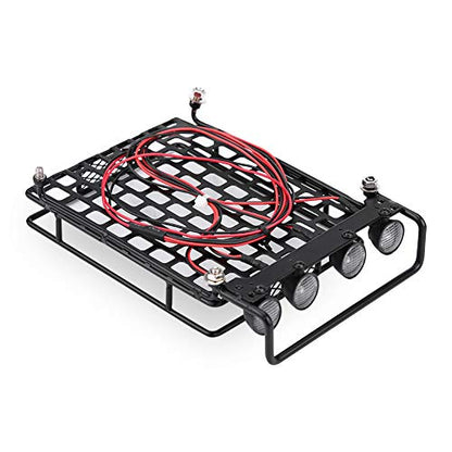 Large Size Roof Rack Luggage Carrier with LED Light Round, RC Roof Rack for Axial SCX10 1/10 Scale RC Crawler Car, Metal RC Roof Rack with 4 LED Lights, Remote Control Function, Du (White Light)