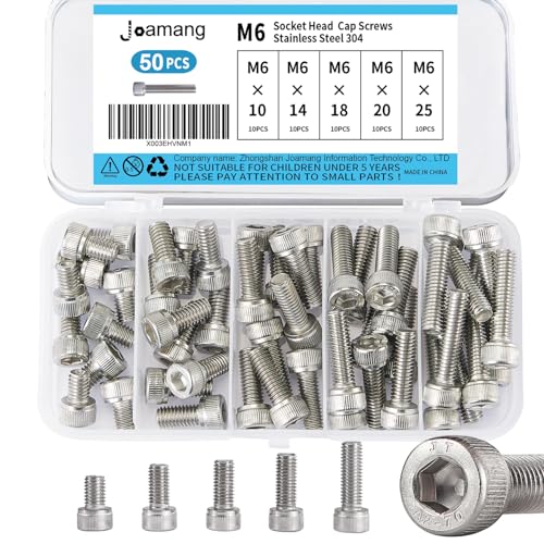 M6 x 10mm 14mm 18mm 20mm 25mm Socket Head Cap Screws Bolts, Stainless Steel 304, Metric Allen Hex Drive, Bright Finish, Fully Threaded, Assortment Kit 50PCS - size: Socket M6x10-25 mm