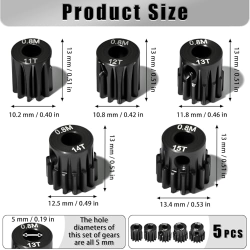 5Pcs 0.8M Hardened Steel Pinion Gear Set 5mm Shaft 11T 12T 13T 14T 15T Motor Pinion Gear with M4 Screw and Hex Key, for Arrma HPI Kyosho Losi Axial Traxxas Tamiya 1/10 RC Car and 540/550 Motors - size: 0.8M-5mm-11-15T
