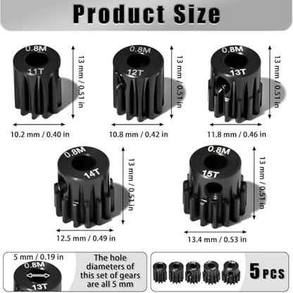 5Pcs 0.8M Hardened Steel Pinion Gear Set 5mm Shaft 11T 12T 13T 14T 15T Motor Pinion Gear with M4 Screw and Hex Key, for Arrma HPI Kyosho Losi Axial Traxxas Tamiya 1/10 RC Car and 540/550 Motors - size: 0.8M-5mm-11-15T