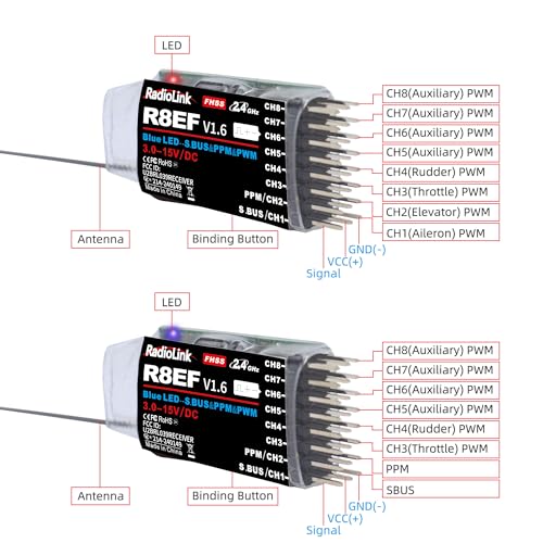 Radiolink R8EF 8 Channels 2.4GHz RC Receiver Long Range Control for T8FB | SBUS/PPM/PWM RX for RC Airplane Robots Car Bind with RC Transmitter T8FB/T8S/T12D/T16D/RC8X/RC8P/RC4GS V3/RC6GS V3