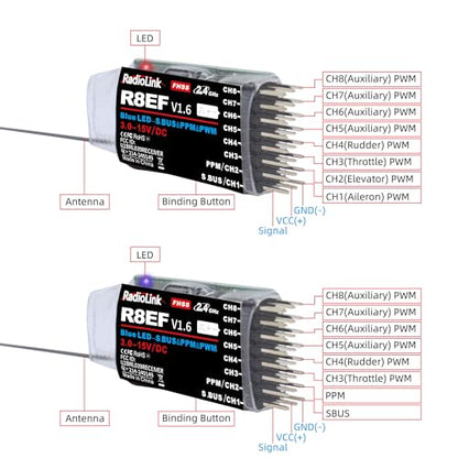 Radiolink R8EF 8 Channels 2.4GHz RC Receiver Long Range Control for T8FB | SBUS/PPM/PWM RX for RC Airplane Robots Car Bind with RC Transmitter T8FB/T8S/T12D/T16D/RC8X/RC8P/RC4GS V3/RC6GS V3