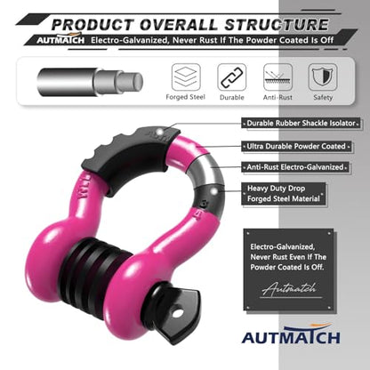 AUTMATCH 3/4" D Ring Shackles (2-Pack) - 41,887 lbs Break Strength | Heavy Duty Clevis Shackle with 7/8" Pin & Isolator Washer Kit for Tow Strap, Winch, Towing & Off-Road Vehicle Recovery, Pink - color: Pink & Black