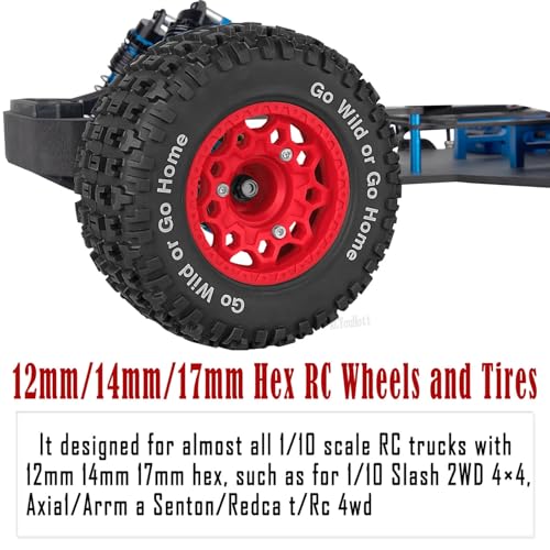 RC Truck Wheels Tires 12mm/14mm/17mm Hex for 1/10 Arrm a Senton/Slash 2WD 4WD 4×4/Axia1/Redca t/Rc4w d,w/Detachable Replace Running on Off-Road Tire RC Wheel Hex,Wheels and Tires,Red - color: Red- (Wheel Tires)