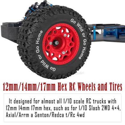 RC Truck Wheels Tires 12mm/14mm/17mm Hex for 1/10 Arrm a Senton/Slash 2WD 4WD 4×4/Axia1/Redca t/Rc4w d,w/Detachable Replace Running on Off-Road Tire RC Wheel Hex,Wheels and Tires,Red - color: Red- (Wheel Tires)