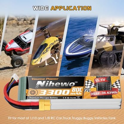 3S Lipo Battery XT60 11.1V 3300mAh 80C 2pcs for RC Truck Drone Boat | 3S Battery 11.1V 3300mAh 80C XT60 Connector Compatible with Axial E-flite RC Plane Helicopter Quadcopter Car Vehicle Models