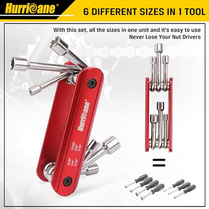 HURRICANE 6 in 1 Folding Nut Driver Set SAE, Hex Nut Driver Set, Cr-V Steel Shank. Premium Portable Premium Aluminum Handle. Easy to Carry Out, 3/16, 1/4, 5/16, 11/32, 3/8, 7/16 inch - size: 4.8mm, 6.4mm, 7.9mm, 8.7mm, 9.5mm, 11.1mm
