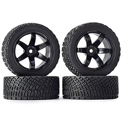 4PCS 65mm RC Rally Car Rubber Tires and 6-Spokes Wheel Rims 12mm Hex Compatible with 1/10 RC On-Road Rally Racing Car HSP Tamiya Sakura HPI WR8 HSP TT02 WLtoys (Black) - color: Black