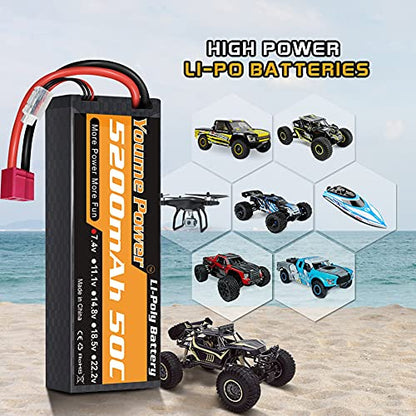 Youme 2S Lipo Battery 7.4V 5200mAh 50C Hard Case 2Packs for RC Cars Trucks | hard case lipo battery 5200mAh 7.4V 50C T-plug high-discharge for 1/8 1/10 cars/trucks/buggies/truggies/heli/planes/drones