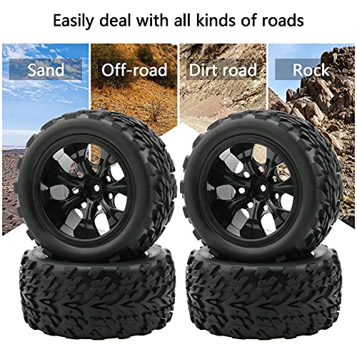RC Monster Truck Car Wheels, Black, 4x 1:10 Scale | Rubber Tires, 7 Spokes Wheel Rim, RC Parts