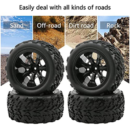 RC Monster Truck Car Wheels, Black, 4x 1:10 Scale | Rubber Tires, 7 Spokes Wheel Rim, RC Parts