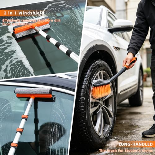 12FT Car Wash Brush with Long Handle Extension Pole Soft Bristle Car Cleaning Kit,Wheel & Tire Brush,Microfiber Wash Mop & Mitt,Window Squeegee,Detailing Brushes for Car RV Truck Boat House