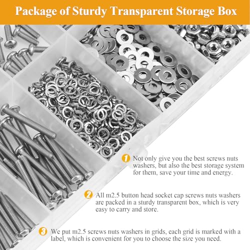 705 Pieces M2.5 Screws Nuts Washers Set, Sutemribor M2.5 x 4/6/8/10/12/16/20mm Button Head Socket Cap Screws Nuts Washers Assortment Kit, 304 Stainless Steel, Fully Threaded - size: M2.5 Screws Kit, style: Button Head