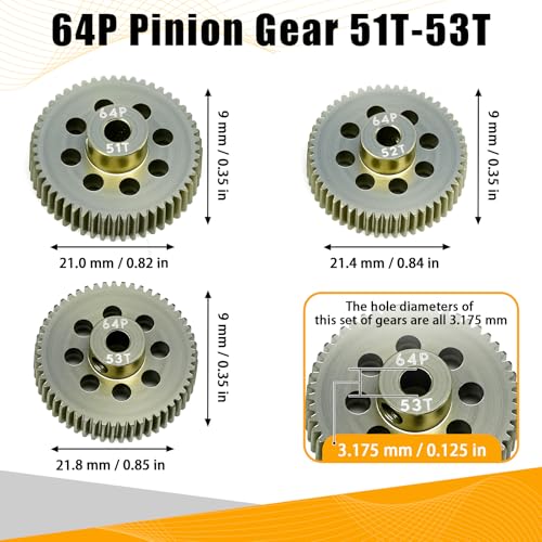 64P Pinion Gear 3.175mm Shaft 7075 Aluminum Alloy Motor Gears,0.6 Metric Pitch 51 52 53T with 1/8 Hole Pinion Gear Compatible with 1/10 Arrma HPI Kyosho Losi Axial Traxxas Tamiya RC Car - size: 51 52 53T