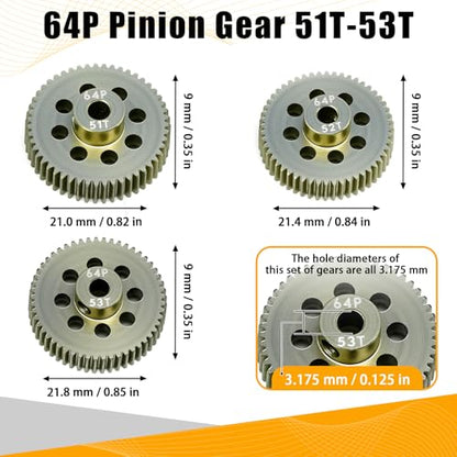 64P Pinion Gear 3.175mm Shaft 7075 Aluminum Alloy Motor Gears,0.6 Metric Pitch 51 52 53T with 1/8 Hole Pinion Gear Compatible with 1/10 Arrma HPI Kyosho Losi Axial Traxxas Tamiya RC Car - size: 51 52 53T