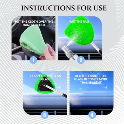 19" Extra-Long Windshield Cleaner Tool & Car Interior Detailing Kit | Extendable Handle and 4 Reusable Microfiber Pads, Streak & Lint-free, Auto Glass Wiper Brush for Car & Home - color: Green